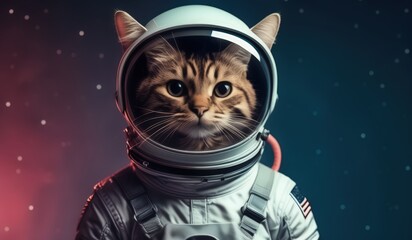 An astronaut cat in a white suit on a rocky planet with a starry sky and a nebula in the background.