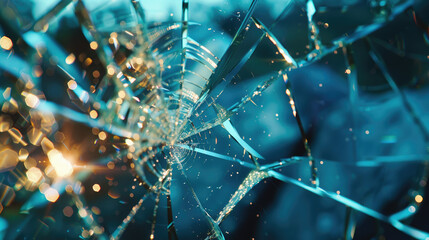 A close-up of shattered glass with light reflecting off the jagged edges, creating a sparkling effect against a blue and green blurred background.