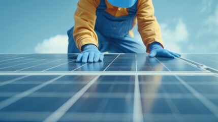 Technician securing solar panels on a roof, showcasing the process of green energy generation, renewable energy installation, eco-friendly power solutions, and sustainable living practices