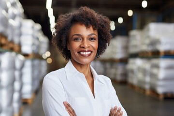 Portrait of a grinning afro-american woman in her 50s wearing a classic white shirt while standing against bustling factory floor