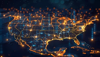 Education Sector Blockchain Applications, map of educational institutions in North America with blockchain symbols, credential verification, academic transparency.