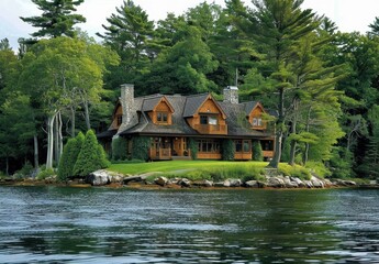 Obraz premium A beautiful house on an island in a lake in Maine, built right into a small grassy island with trees and water surrounding it Generative AI