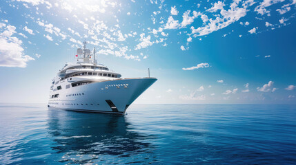A luxury yacht sails serenely on calm, azure waters under a bright, clear sky dotted with sparse clouds, evoking a sense of peace and vastness.
