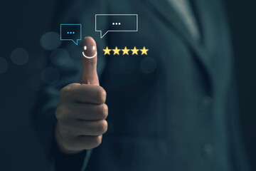 5 stars in the hands of customers. Five star rating. Satisfaction rating from customers after receiving service. Good, excellent, very impressed.