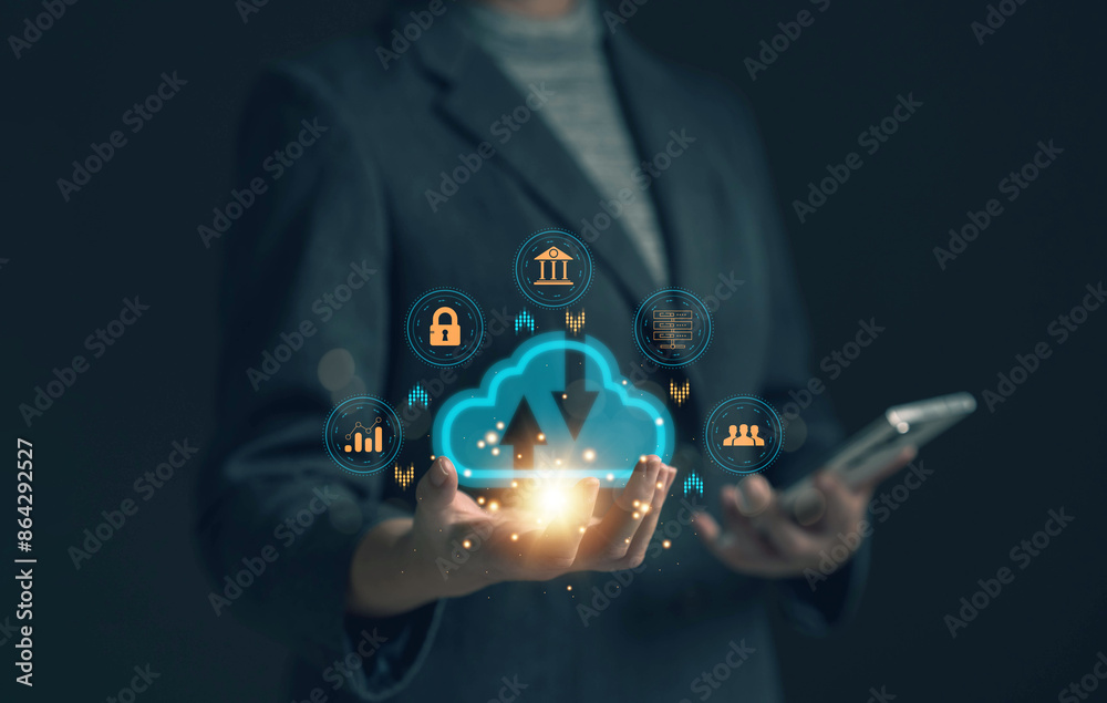 Poster businessman uses a tablet. cloud computing disk is displayed on his hand. cloud technology data stor