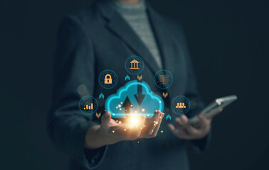 Businessman uses a tablet. Cloud computing disk is displayed on his hand. cloud technology Data storage Concept of internet service network and financial data transfe