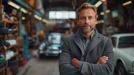 Obraz premium A well-dressed businessperson stands confidently with crossed arms in an automotive workshop, surrounded by the charm of retro automobiles, embodying a blend of elegance and industry.