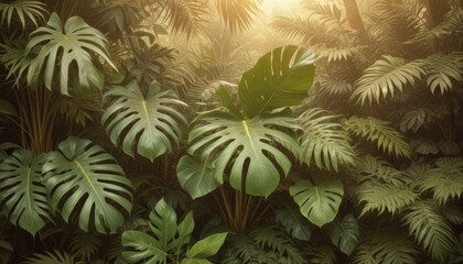 Fototapeta premium Lush green tropical plants bush (monstera, palm, rubber plant, pine and fern), background, pattern