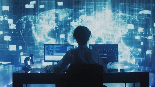 Back view of professional software developer coding program or engineering prompt. Skilled programmer typing computer and laptop while developing system with blurring background. Technology. AIG42.
