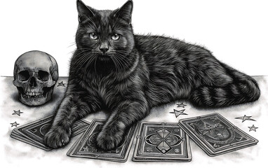  Mysterious black cat lying on a table surrounded by tarot cards and a skull, embodying a gothic, mystical atmosphere ideal for themes of magic, fortune-telling, and the occult.