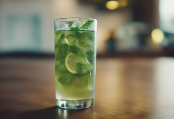 an iced glass of soda with lemon and green tea
