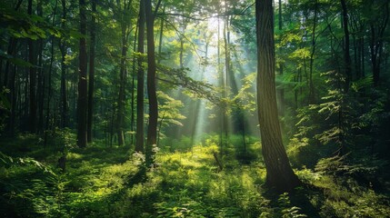 Obraz premium Lush green forest with light streaming through the trees