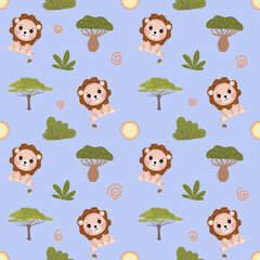Nursery seamless pattern digital illustration with baby lion, plants and sun on blue background. Hand drawing. Perfect for kids apparel, fabric, textile, nursery decoration, wrapping paper and print.