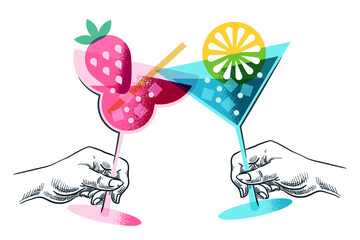 People drink summer cocktails. Vector hand drawn sketch illustration of hands holding alcoholic, non-alcoholic drinks. Party celebrating holiday, event banner, poster, bar alcohol menu design elements
