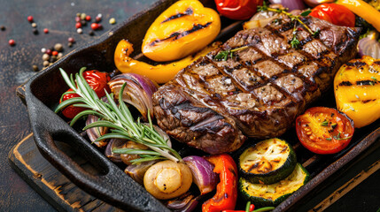 A sizzling steak rests on a grill pan adorned with vibrant, char-grilled vegetables like bell peppers, tomatoes, onions, and zucchini, garnished with fresh rosemary.