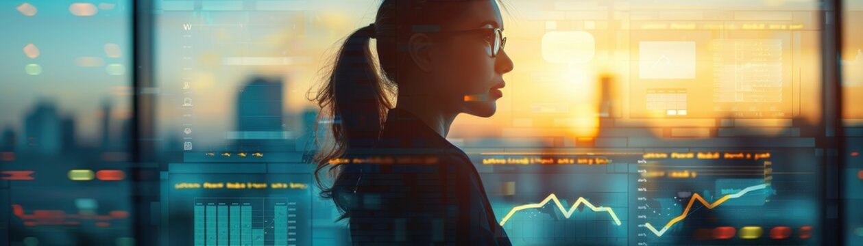 Silhouette of a woman looking at a cityscape through a window with digital data and financial charts overlayed at sunset.