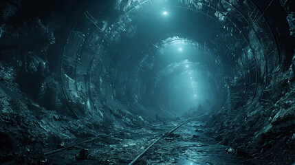 Futuristic tunnel with railroad tracks in blue color. 3D rendering
