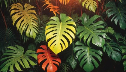 Lush green tropical plants bush (monstera, palm, rubber plant, pine and fern), background, pattern