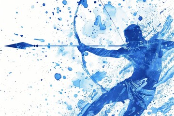 Fototapeta premium Artistic blue watercolor depiction of an archer in action at the Paris 2024 Olympics, capturing precision, focus, and dynamic movement, Generative AI