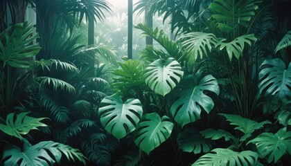 Fototapeta premium Lush green tropical plants bush (monstera, palm, rubber plant, pine and fern), background, pattern