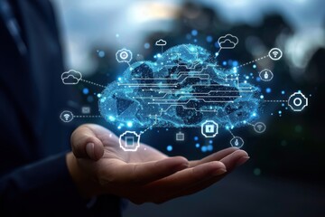 A person is holding a cloud with many icon. Cloud Database technology concept