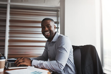 Office, portrait and black man with computer for typing, reading and networking via email online....