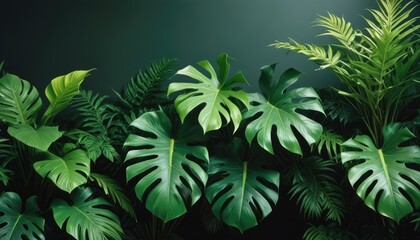 Obraz premium Lush green tropical plants bush (monstera, palm, rubber plant, pine and fern), background, pattern
