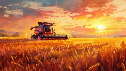 Fototapeta premium efficient agricultural automation advanced combine harvester working in golden wheat field at sunset digital painting