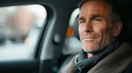 A man sitting in a car, looking thoughtful as he gazes out the window. The scene is calm and introspective