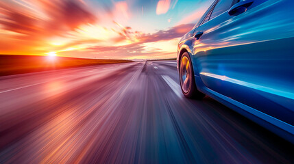 Obraz premium A blue car speeding down a highway at sunset. The scene captures the essence of freedom and adventure