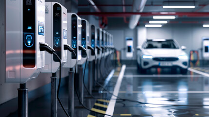 A row of electric car charging stations in a modern parking garage. The scene represents sustainability and innovation