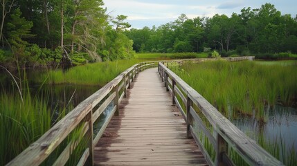 Fototapeta premium Long wooden boardwalk leading through a marshy nature preserve