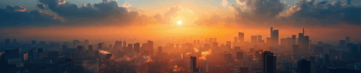 Fototapeta premium Expansive view of a city skyline bathed in the warm hues of sunrise, with dramatic clouds casting shadows over the buildings. Generative ai vector illustration. Pop art comic book style imitation