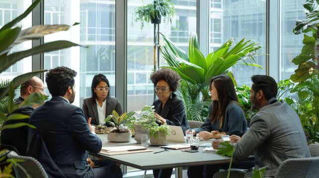 In a welllit, modern coworking space filled with green plants, a diverse group of people are working together. AIG53M