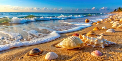 Scenic beach view with seashells and gentle waves.
