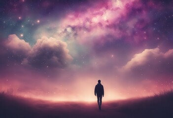 Fototapeta premium Silhouette of a person walking beneath a dreamy, colorful star-filled sky at dusk, evoking a sense of wonder and endless possibilities.
