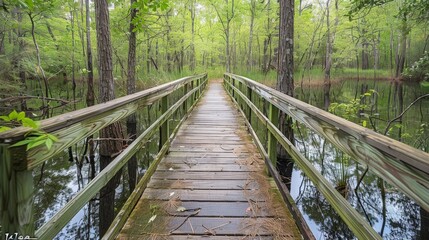 Long wooden boardwalk leading through a marshy nature preserve