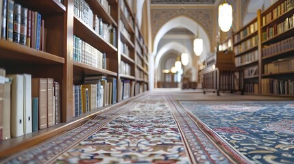 Obraz premium Defocused View of Ornate Mosque Library with Shelves of Religious Manuscripts