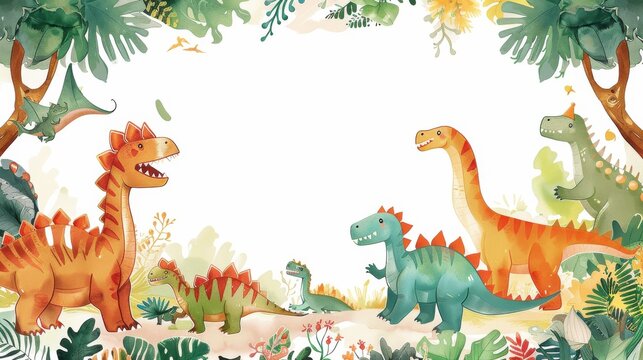 A group of dinosaur toys are scattered around a white background