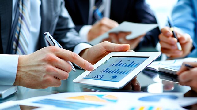 Hands presenting a business proposal on a tablet with colleagues discussing in a high-tech office
