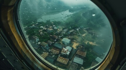 A settlement that can be seen through the window of an airplane. A residential neighborhood seen from a bird's eye view.