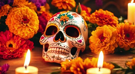 Dia de los Muertos themed video background with a beautifully decorated sugar skull, marigold flowers, and gentle candlelight for celebrating traditional Mexican holiday. Cinco de mayo visuals