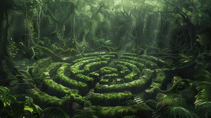 enchanted forest labyrinth mystical green maze in lush jungle digital illustration