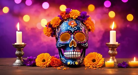 Festive Day of the dead background with skull mask, flowers and candles. Dia de los Muertos video background with sugar skull, marigold flowers, and soft candlelight. Cinco de mayo