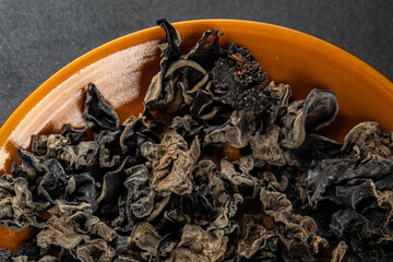 black fungus dried mushroom food snack on the table copy space food background
