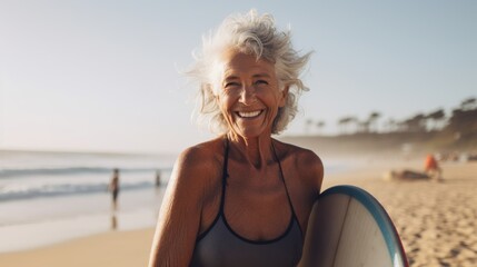 Sporty senior woman training with surfboard on the beach. Fit elderly woman having fun surfing. Elderly healthy people lifestyle and extreme sport concept. Generative ai