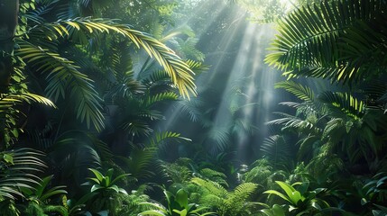enchanted rainforest with sun rays rich jungle greenery atmospheric fantasy forest detailed 3d illustration lush vegetation and magical lighting digital nature artwork