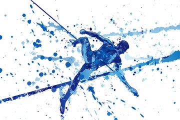 Fototapeta premium Dynamic blue watercolor illustration of a pole vaulter in action at the Paris 2024 Olympics, highlighting agility, strength, and competitive spirit, Generative AI
