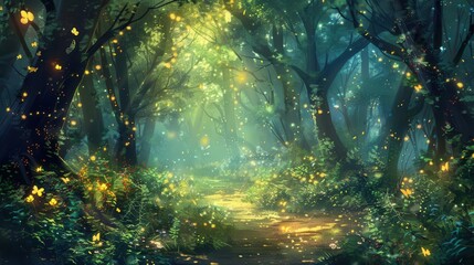 Fototapeta premium enchanting fairy tale forest with magical glowing fireflies and lush vegetation whimsical fantasy digital painting