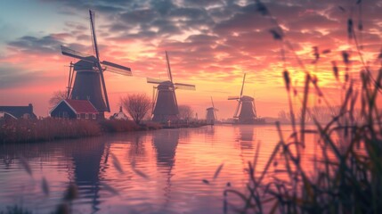 Fototapeta premium Sunset at Traditional Dutch Windmills beside Tranquil River. Generative ai.